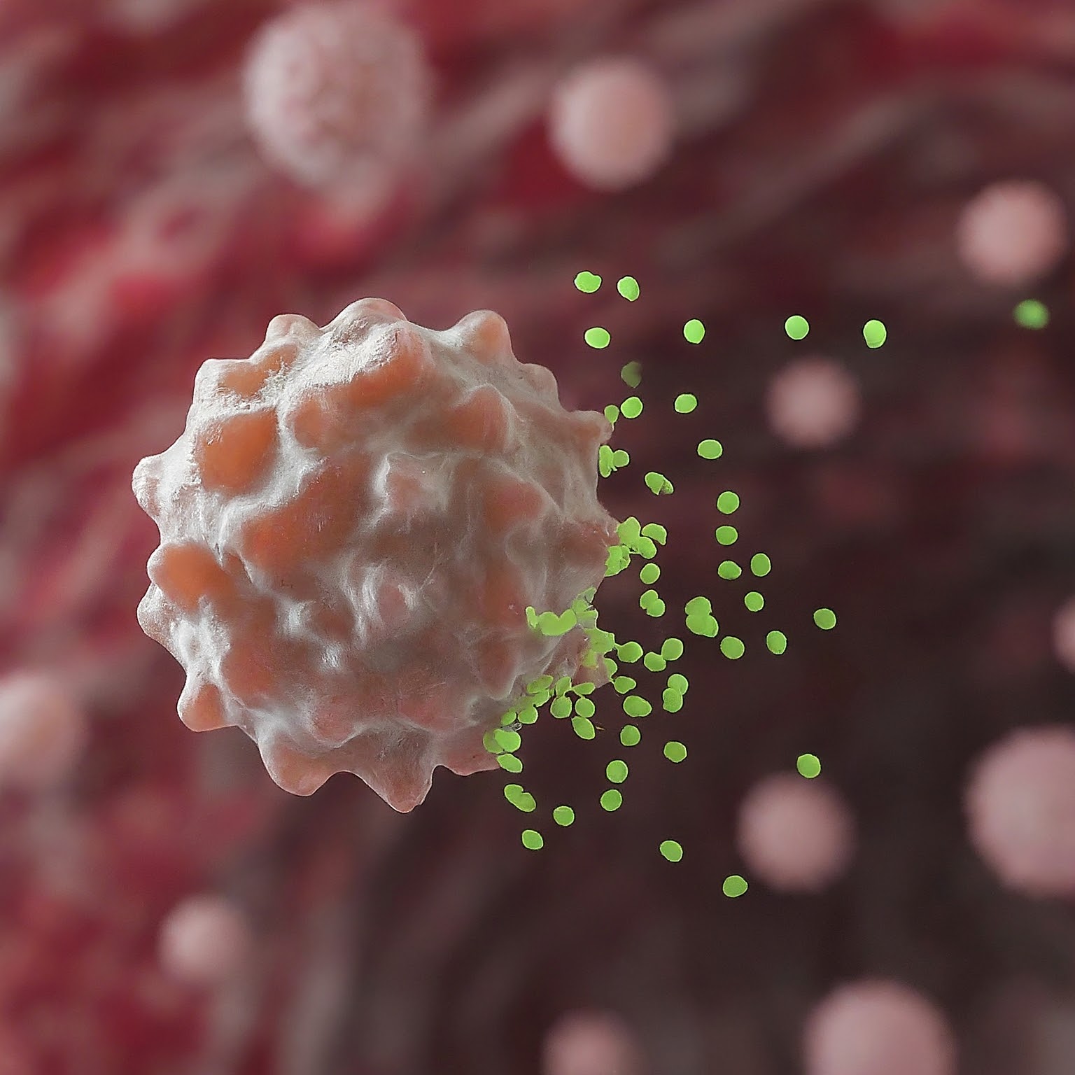 Microscopic close-up of a virus attacking a cell